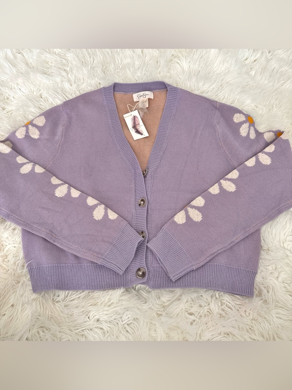 Jessica Simpson Lavender Daisy-Trim V-Neck Cardigan